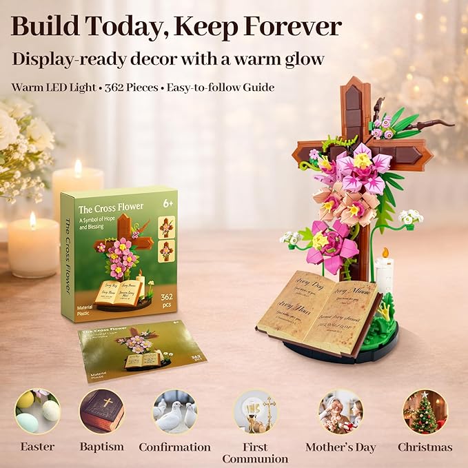 Jesus Cross SetFlower Building Block Set for Adults Faith Inspired Crucifix Brick Model with Floral Design Religious Home Desk Decor Christian Gift for Easter Prayer Room