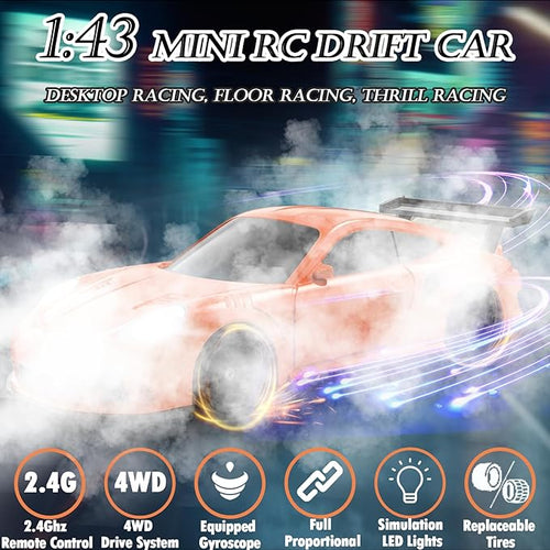 1/43 Mini RC Drift Car with Gyroscope 2.4GHz 4WD Full Proportional High Speed Micro Hobby RC Cars with Lights Racing Tires Fast Small Remote Control Car Toy Model Gift for Adults Kids Boys Girls