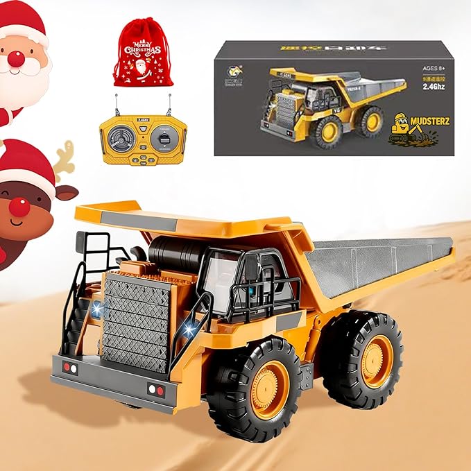 Construction Rc Set of 4 Alloy Rc Semi Truck with Trailer and Excavator 360 Rotation Realistic Engineering Design Remote Control Construction Vehicles Equipment with Lights and Sounds (Dump Truck)