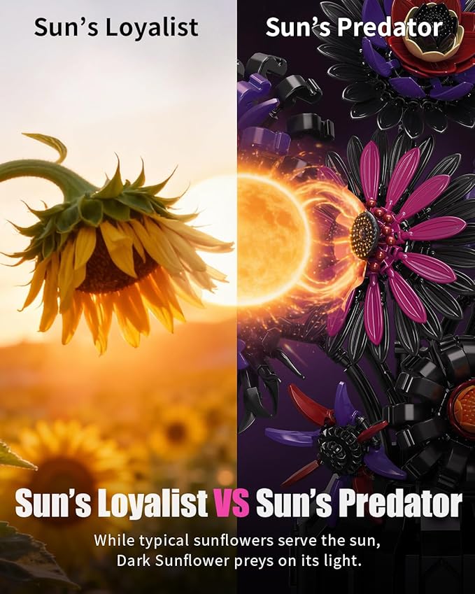 Dark Sunflowers Building Set with Vase Gothic Purple Flowers Van Gogh Sunflower for Home Decor Compatible with Lego Sunflower Botanicals Collection for Adults 1183 PCS