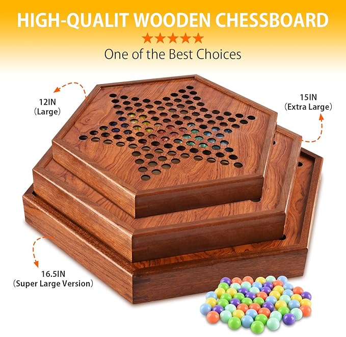 Large Chinese Checkers Upgraded Version Wooden Game Board 16mm 60+12 Colorful Acrylic Marbles Easy Grasping for Adults and Kids with Storage Drawer Fun for Family Gathering (15in.)