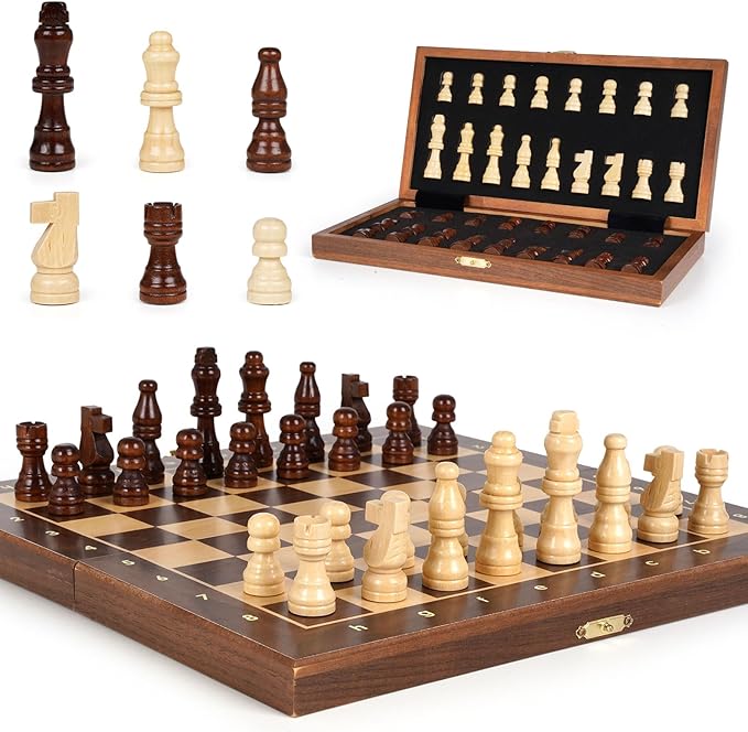 Magnetic Travel Chess Set 12-inch Wooden Magnetic Chess Board 2 Extra Queen Folding Chessboard for Storage Toys &amp Games for Adults Vintage Chess Game – Family Board Games Educational Toy Sets