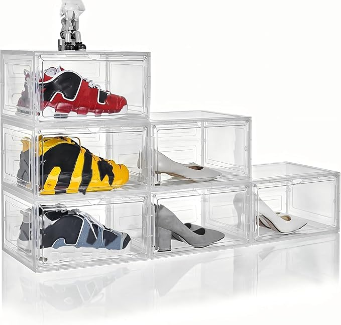 Clear Shoe Box Plastic Stackable Upgraded 6 Pack Shoe Storage Box Organizer with Clear Large Magnetic Door for Display Sneakers Easy Assembly White