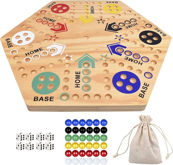 20 Wooden Wahoo Board Game Double-Sided for 4 or 6 Players Fast Track Board Game Original Marble Game Set with 36 Marbles 8 Dice for Family Night Parties and Adult Gifting