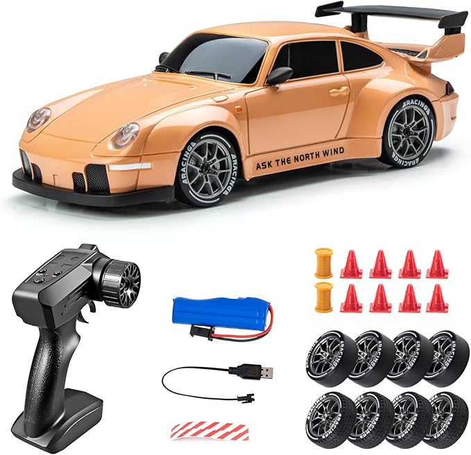 High Speed 1:24 4WD RC Drift Car with Proportional 2.4G Remote Control Dual Tire Configuration and LED Light Racing Vehicle Model for Adults Enthusiasts– Orange