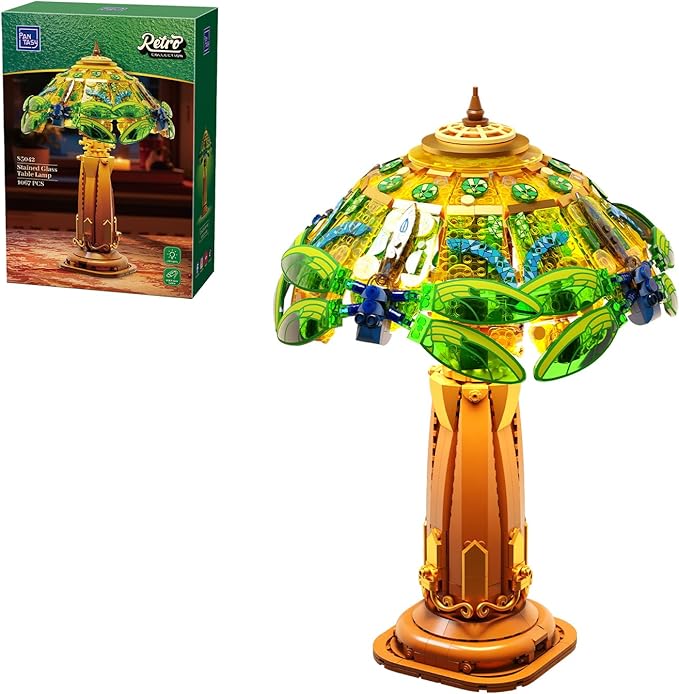 PANTASY Vintage Style Table Lamp Bricks Set Stained Glass Lamp Building Block Set Dragonfly Floral Table Lamp Retro Art Desk Night Light with LED USB-C Powered for Adult Home Decor Collection Gift