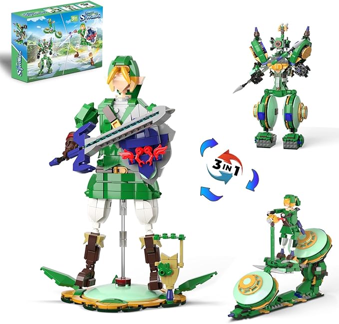 3 in 1 BOTW Building Set Transforms to 3 Different Figures- from Link Holding Master Sword to Battle Robot to Glider Bike Compatible with Lego (850PCS)
