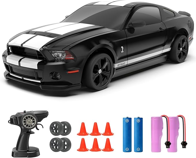 YONCHER RC Drift Car Remote Control Car for Kids Ford Mustang Shelby GT500 Officially Licensed 1:24 20KM/H 4WD with Lights Fast Racing Toy Car for Boys Girls Black