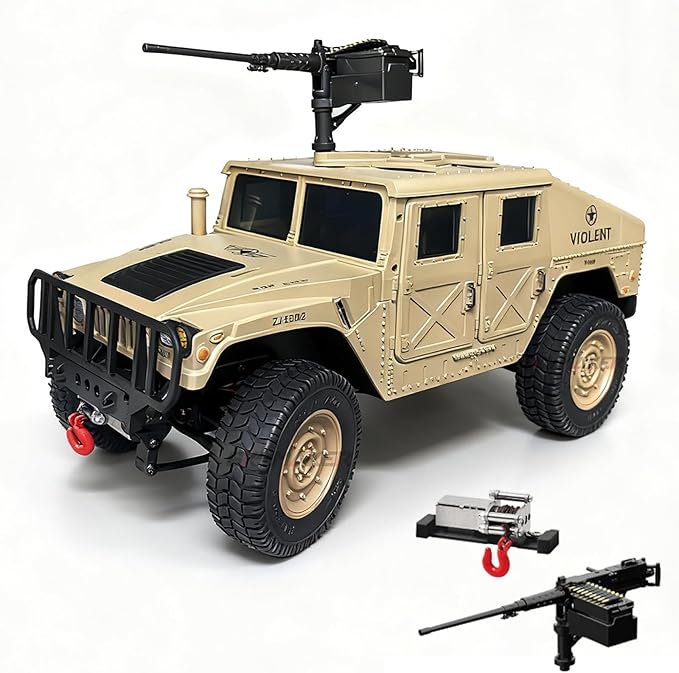 Skymaker RC Military Truck Humvee 2.4Ghz Remote Control Truck 4WD RC Hummer with Winch &amp Machine Gun Khaki