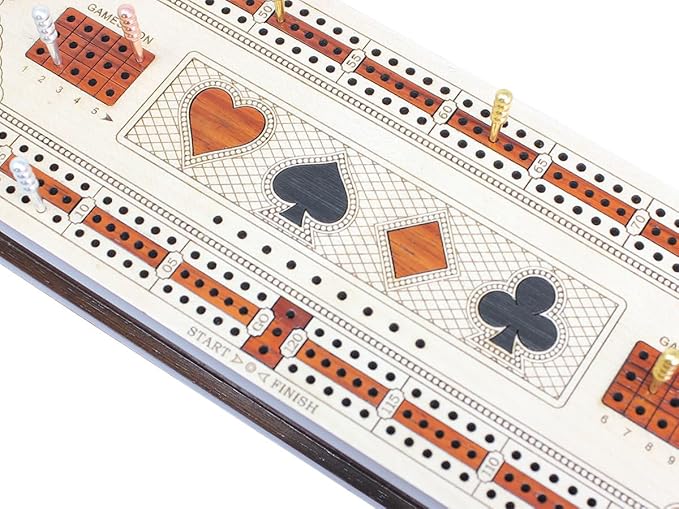 House of Cribbage - 3 Track Continuous Cribbage Board in Maple and Bloodwood - Inlaid Card Symbols (Suits) + Storage Drawer for Cribbage Pegs &amp Cards