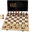 LEAP Wooden Chess Set 17 Inches - 2 Extra Queens - Folding Board Raised Edge Handmade Portable Travel Chess Board Game Sets with Game Pieces Storage Slots - Chess Set for Adults and Beginner