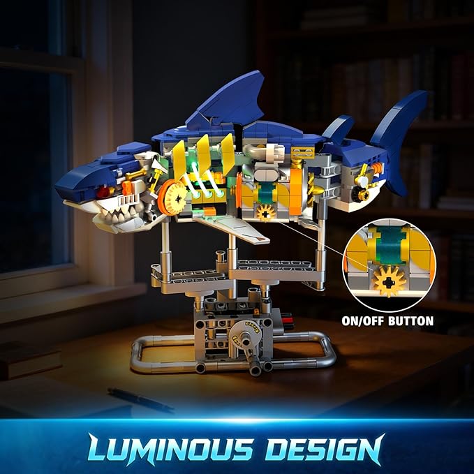 Mechanical Shark Building Set with LED Light 687 PCS Movable Ocean Animal with Display Stand Sea Fish Building Block Toy Home Decor Gift for Adults Teens Kids Boys Ages 12+