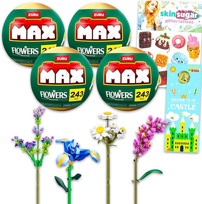 Zuru Max Floral Set for Kids - Bundle with Buildable Daisy Iris Perscicaria and Lavender Flower Bricks Plus Tattoos More | Zuru Max Flower Collection Brick Building Kit