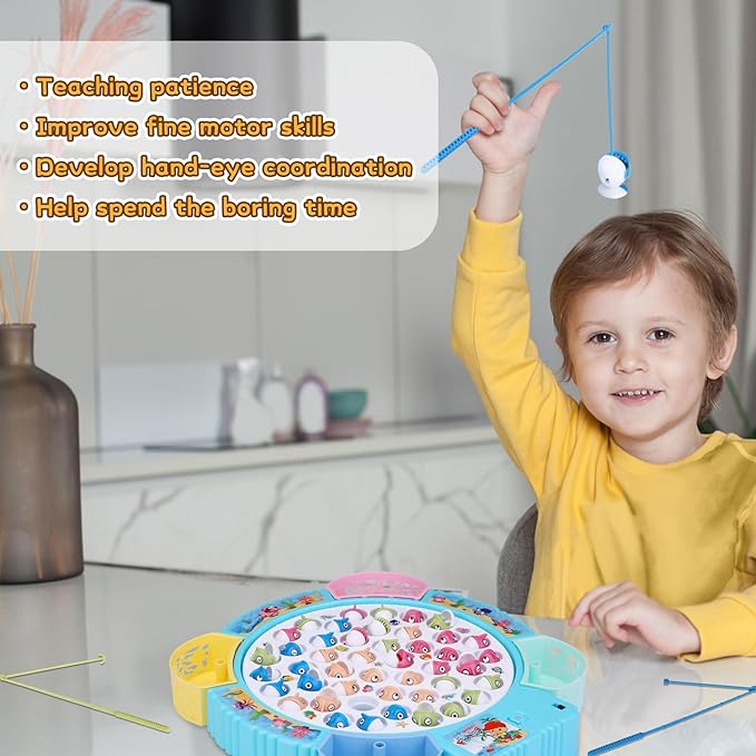 Magnetic Fishing Game Toys Rotating Board Game with Music Including 45 Fishes and 8 Fishing Poles Christmas Party Game Toys for Kids Age 3 4 5 6 7 and Up