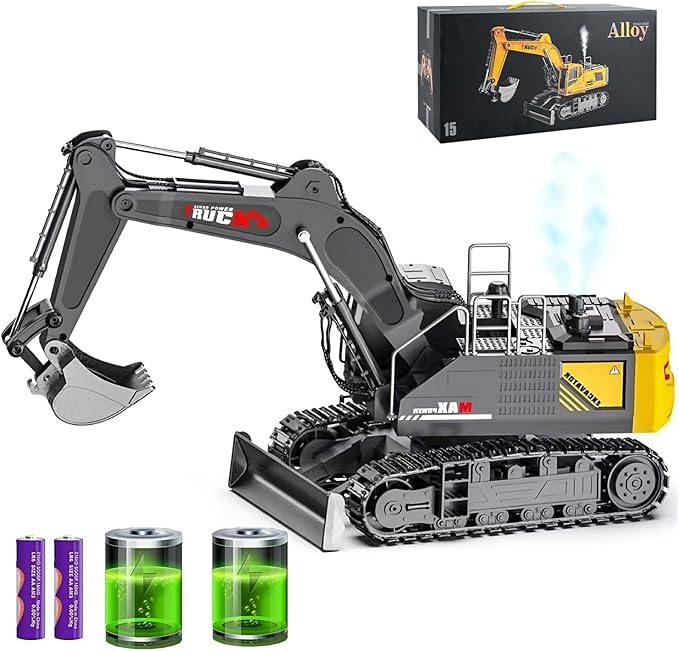 15 Channel RC Excavator Metal ShovelRC Digger Construction ToysDozer TractorSimulated Smoke Sound Metal Digging Head Best Gift for 3+ Old Boys Adults