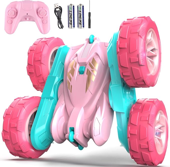 Pink Remote Control Car for Girls2.4 Ghz Double Sided RC Cars 360° Rotating Remote Control Crawler with USB-C Easy Charging Car Toys for 4 5 6 7 8 9 10 Girls Birthday Gift Grandkids