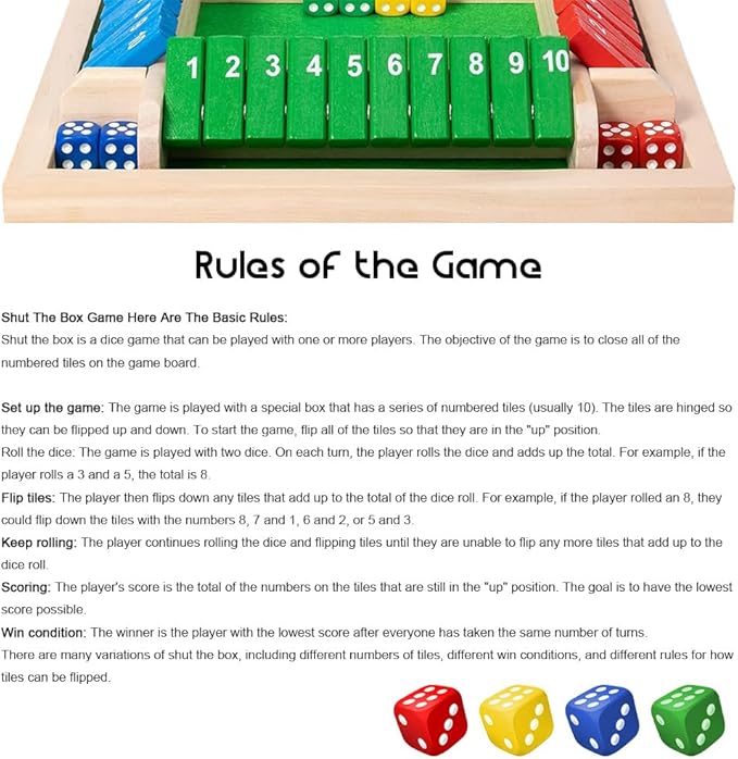 Shut The Box Game: 2-6 Player Wooden Board Math Game with 2-12 Dice | Educational Family Night Entertainment | Classic Pub Style | Funny Family Board Games (Walnut-Square 4 Players)