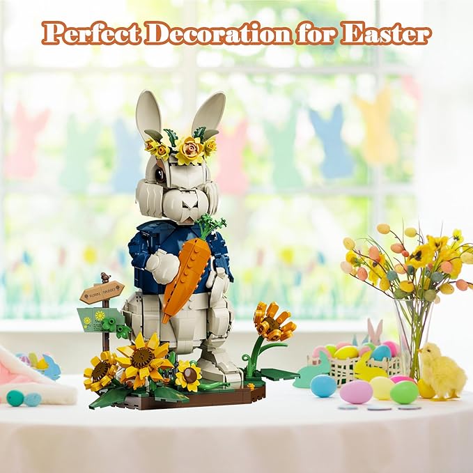 Easter Bunny Building Set with Carrot &amp Sunflower Base 1258 PCS Bricks Blocks Rabbit Model Compatible with Lego Easter Creative Easter Gift for Kids and Adults