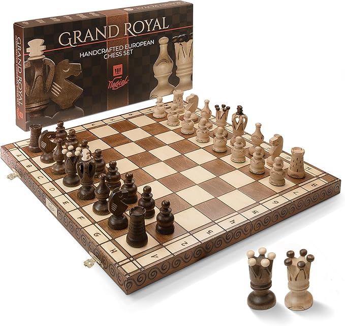 Wegiel Grand Royal Wooden Chess Set for Adults and Kids - 18 Inch Luxury Chess Set Handcrafted from Premium Beech and Birch Wood - Unique Folding Design with Storage