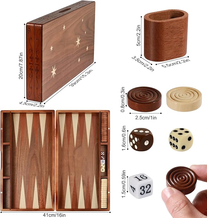 Handcrafted Wooden Backgammon Set 16 Large Size Classic Two-Player Strategy Board Premium Travel Game Board for Adults &amp Teenagers