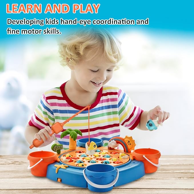 Magnetic Fishing Game Set - 21 Fish and 6 Poles Rotating Toddler Board Games with Music Switch Fine Motor Skills Fishing Toys for Kids and Toddlers 3 4 5 6 7 8 and Up
