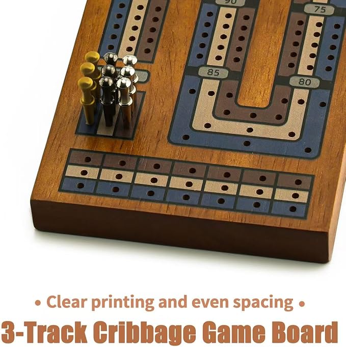 Wooden Cribbage Board Game Set Travel Cribbage Board with Storage and Collapsible with Magnetic Lock / 9 Metal Pegs/Full Deck of Cards Family Board Games for Adults