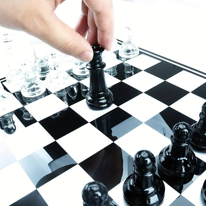 Luxury Glass Chess Set for Adults - 2 Extra Queens Premium Leather Storage Case with 13.2” Chessboard Elegant Board Game Gift