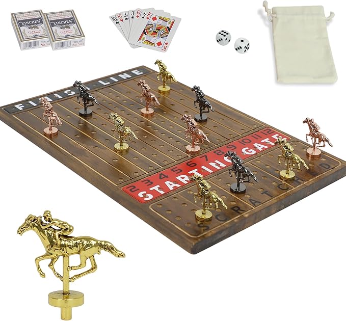 HOROW Horse Racing Game - Wooden Horse Race Board Game with 11 Luxury Metal Horses 2 Dice and 2 CardsFast-Paced Strategic for Family Night and Party - Perfect Birthday&ampHoliday Gifts