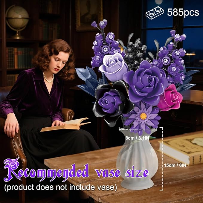 Gohero Purple Roses Building Blocks Set (822PCS) - Lego Compatible Flowers for Adults Gothic Home Decor for Women &amp Teen Girls Making It an Ideal Gift for Halloween Valentine's Day.