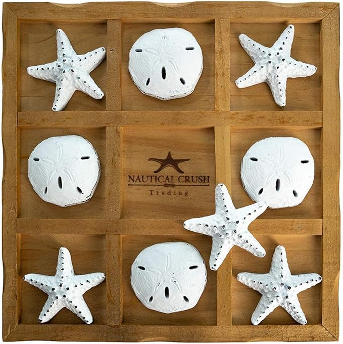 Starfish Tic Tac Toe Game - 9 x 9 - Beach Tic Tac Toe Game - Coastal Beach House Coffee Table Game Board - Tic Tac Toe Decor - Beach House Games - White Starfish &amp Sand Dollars