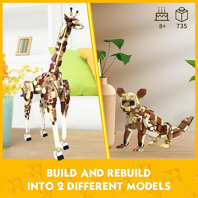 KAZI Creator 2 in 1 Wild Safari Animals Building Set Rebuilds into Giraffe or Corsac Fox Toy Figures Nature Toys for Kids Ages 8 Years Old and UpEaster Basket Stuffers