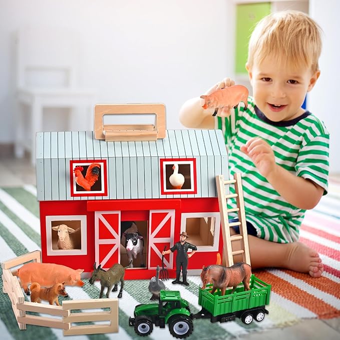 Wooden Barn Toys Play Barn with 12 Animal Play Figures for 3+ Years Old Toy Barn and Farm AnimalsWooden Barn Playset for Christmas Birthday Gift for Boys Girls
