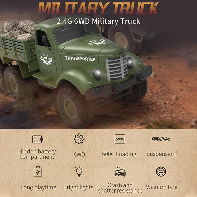 GoolRC RC Military Truck 1:16 Scale Remote Control Car 6WD RC Army Car All Terrain Off-Road RC Truck 2.4GHz Electric Military Transporter Vehicle with Headlights 2 Batteries for Adults