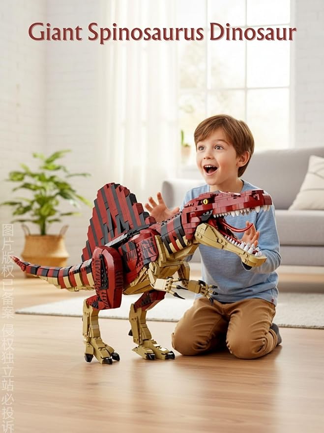 Large Spinosaurus Dinosaur Building Set 2000+ Pieces Large Display Model Poseable Dino Figure with Display Stand/Base Compatible with Lego Bricks Collectible Gift for Dinosaur Fans (Ages 6+)