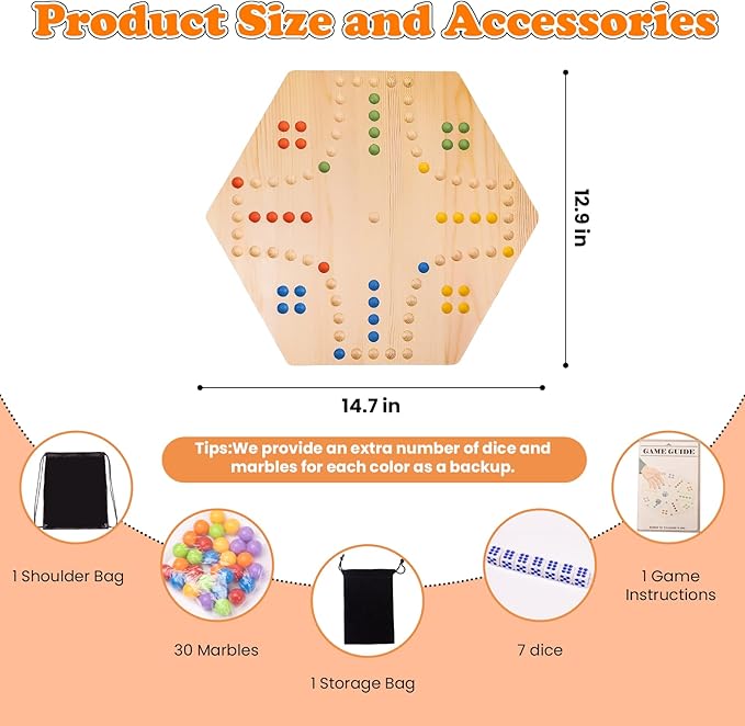 Marble Board GameSet:1 Board+30 Marbles+7 Dice+1 Storage Bag+1 Shoulder Bag6 ColorsFast Track Wahoo Board Game2 in 1 Board for 4-6 PlayersPortablePerfect for Family Party