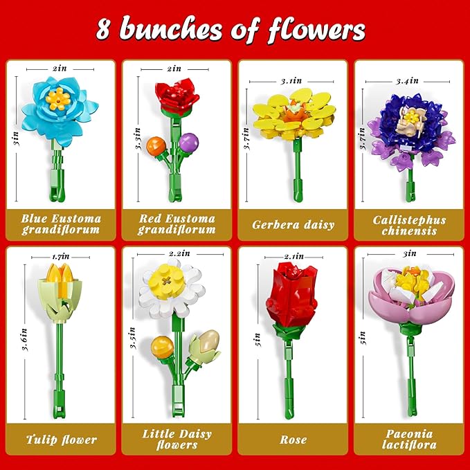 Flower Bouquet Building Set with Display Stand - Artificial Fake Plants Botanicals Flowers for Home Decor for Boys Girls Kids 6+ ＆ Valentines Day Gift for Adults