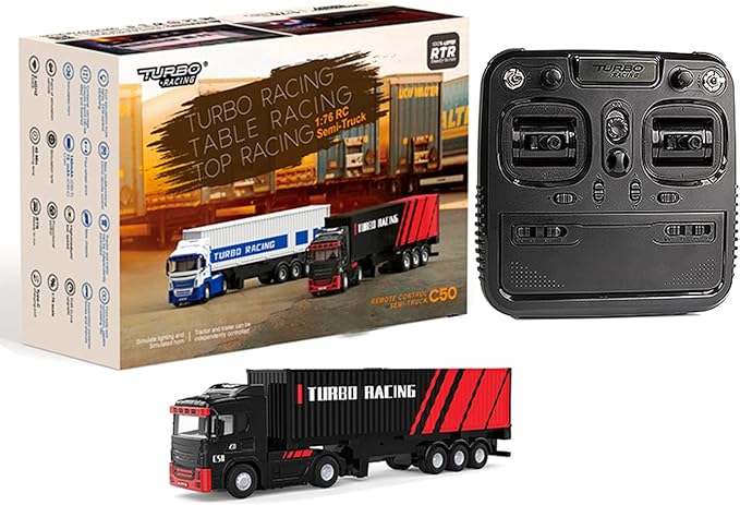 Turbo Racing 1:76 C50 RTR Tractor Remote Control Truck Four-Wheel Drive Simulated Headlights 10CH Minicar Model(Black-Red)