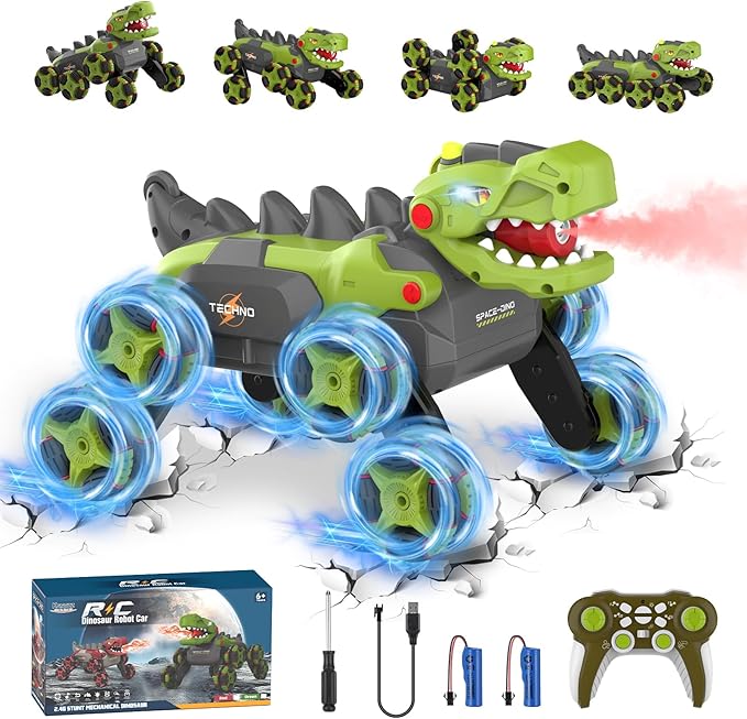 8 Wheels Dinosaur Transform RC Stunt Car - 2.4Ghz Remote Control Dinosaurs Monster Truck with Transforming &amp Spray &amp 360° Rotation Dinosaur Toys for Kids 5-7 8-12 Boy Christmas Birthday Gift