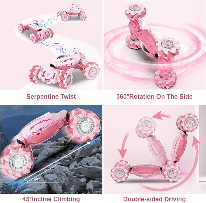 Pink RC Car Toys for Girls Aged 6-12 Gesture Sensing RC Stunt Cars with Lights Music for Girl Birthday Xmas Gifts 2.4GHz 4WD Pink Remote Control Toy Double-Side Flip 360° All-Round Rotation