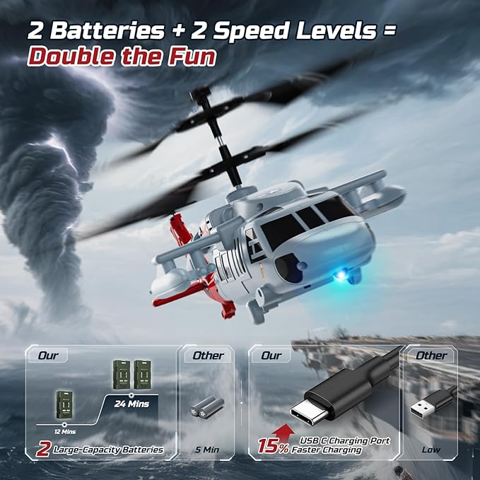 DEERC Black Hawk RC Helicopter Remote Control Helicopter with Red Scorpion Tail Design 24 Mins Flight (2 Batteries) Helicopters Toy for Kids LED Lights Altitude Hold Birthday Gift for Boys 8-12