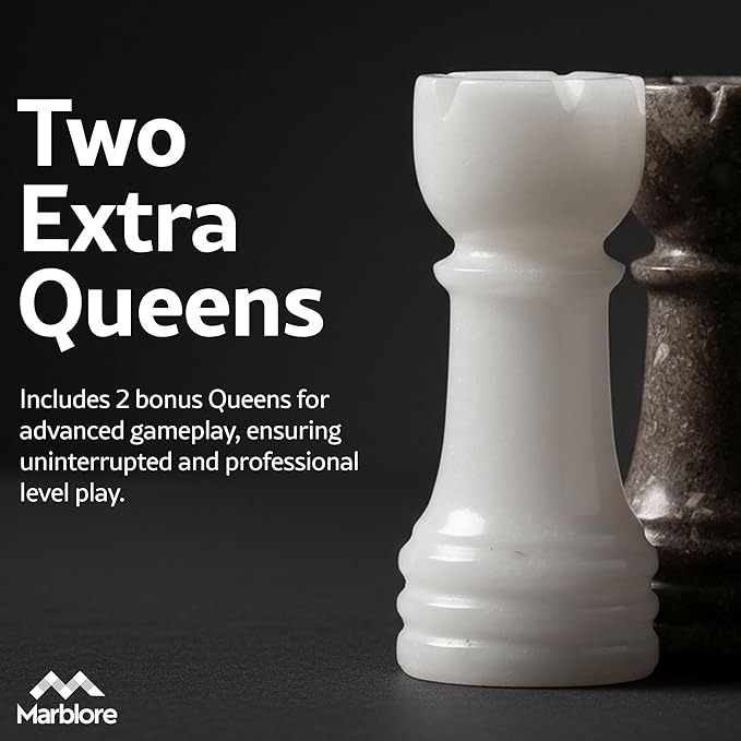 Marble Chess Set 10 Inch White &amp Oceanic Luxury Chess Board Set with 32 Pieces &amp 2 Extra Queens Classic 2 Player Game for Adults Travel &amp Home Decor Friendly