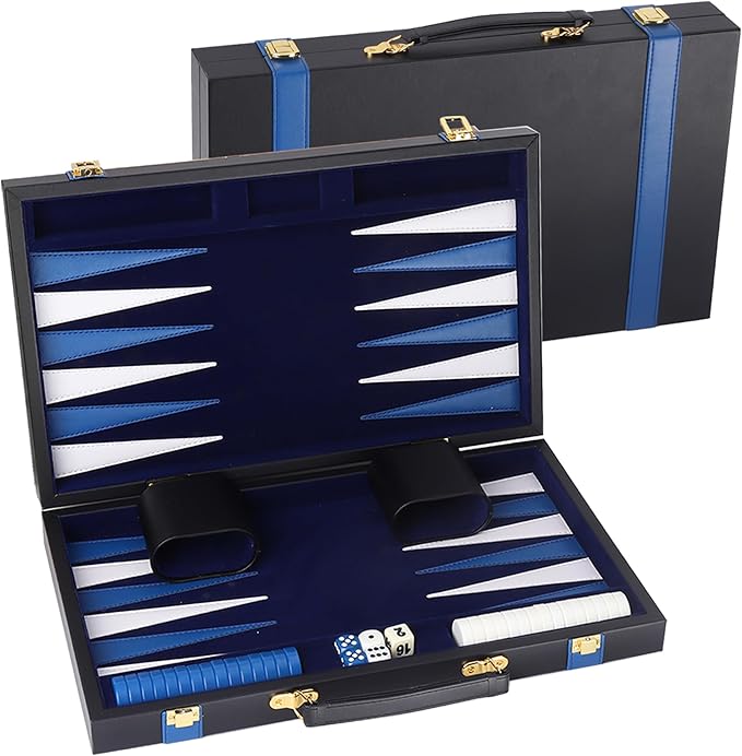 GSE Games &amp Sports Expert Premium Leather Backgammon Board Game Set Classic Backgammon Game Set with Leather Case Travel Folding Board Game (Black&ampBlue Medium)
