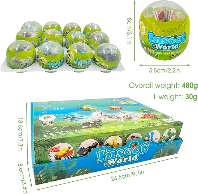 Mini Building Block Sets 12PCS Insects Building Blocks 6 in 1 STEM Toys Eggs Building Sets Party Favors for Kids Goodie Bags Prizes/Birthday Gifts