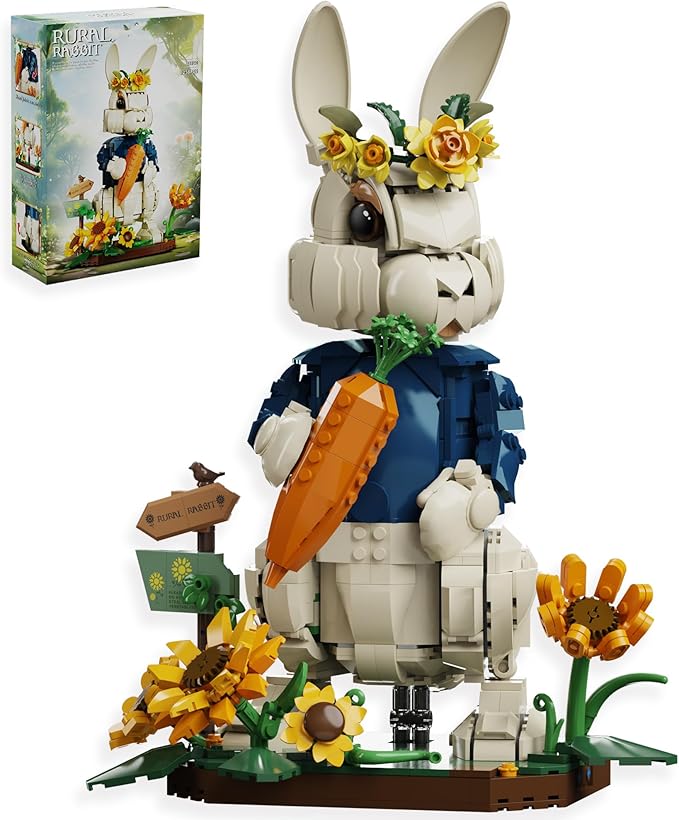 Easter Wonderland Bunny Building Blocks Set Compatible with Lego Easter Creator Cute Rabbit Toys with Carrot &amp Sunflower Display Base Creative Gift for Kids Girls Adults