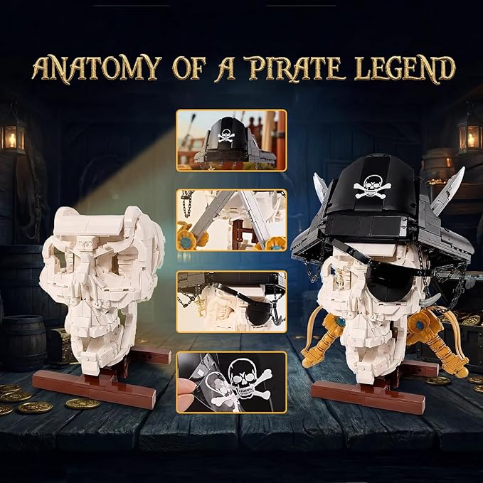 Gothic Pirate Skull Building Set for AdultsHorror Skeleton Head Model with Display Base Cool Unique Ideal Building Block Sets for Home Table Decor (1167 PCS)
