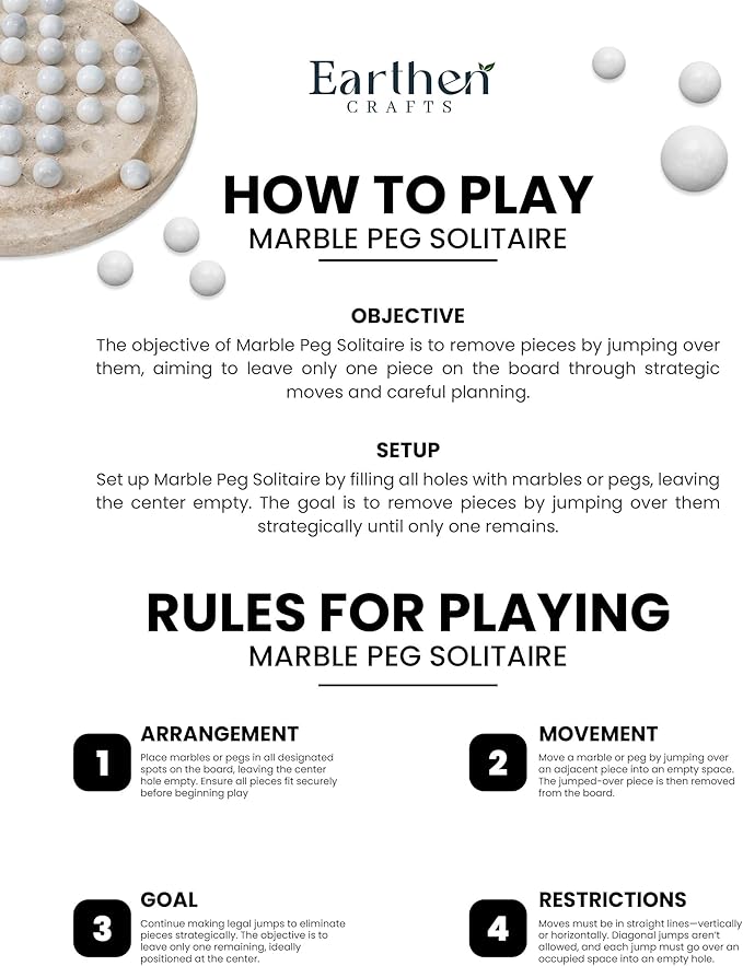 Marble Solitaire Board Game 10 Travertine Mind Game with 42 White Marble Balls Classic Puzzle Game for Family Modern Tabletop Brain Teaser
