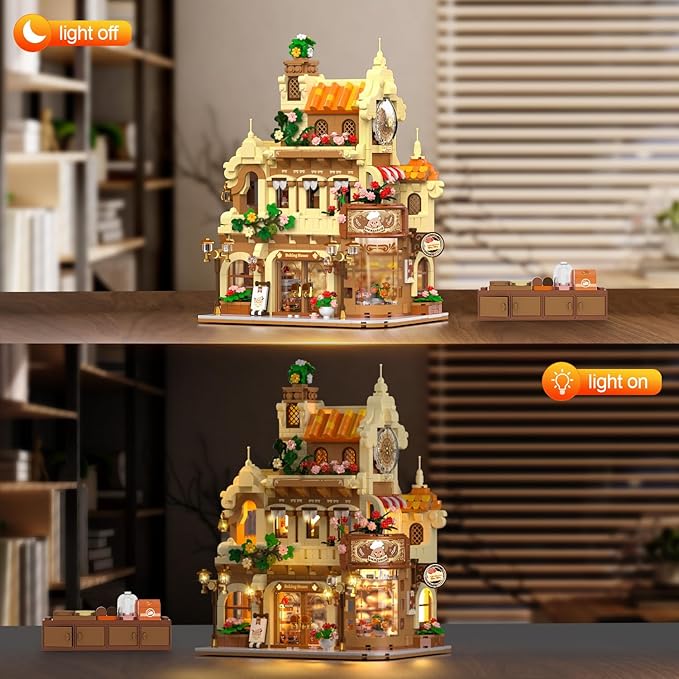 City Bakery Cafe House Building Set with Light 1289 PCS Baking Shop Building Block Toy with Coffee Cake Bread Bakery Room Pastry Construction Model for Adults Teens Kids Boys Girls Ages 8-12+