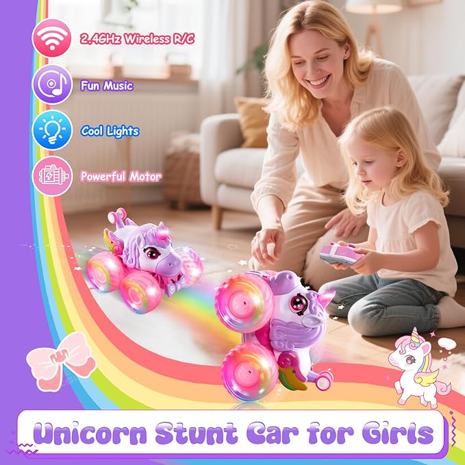Remote Control Car Unicorn Monster Trucks for Girls 360° Rotating 4WD Stunt RC Cars with LED Lights and Music 2.4GHz Toy Various Terrain Pink RC Cars Birthday Gifts for Kids Girl Age 3-12 (LY-023)