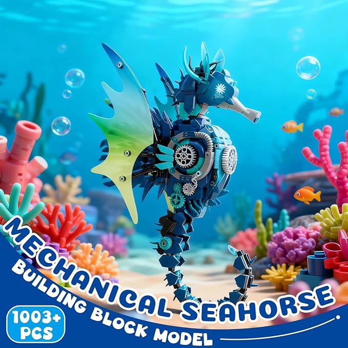 Mechanical Seahorse Building Set Steampunk Ocean Animal Model Kit Articulated Sea Creature Construction Toy Gift for Marine Life Enthusiasts for Adults Teens 1003 Pieces