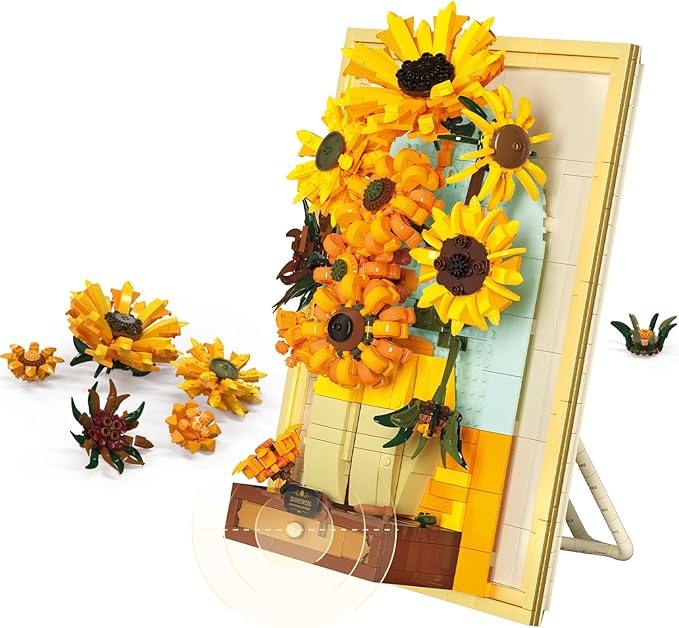 Building Block Sets Van Gogh Sunflower Painting Building Toys with Sensor Light 1166 Pcs 3D Framed Wall Art for Adults DIY Model Kit for Home Office Decor Gift for Women &amp Art Lovers